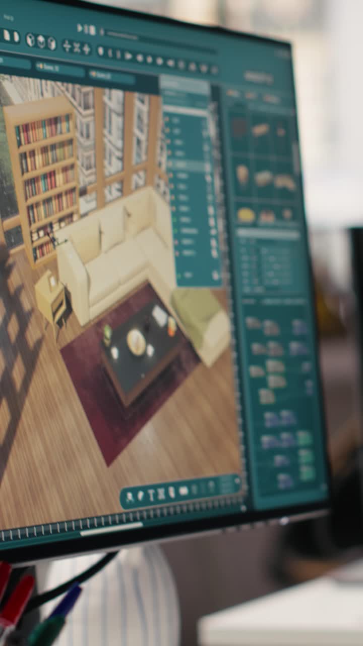 Video verticale: postazione PC vuota che mostra software di progettazione architettonica per una planimetria dettagliata