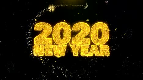 2020 new year text wish on gold particles fireworks display.