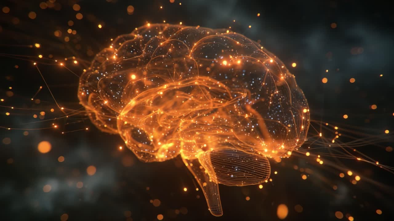 Una visualizzazione mozzafiato di un cervello che rappresenta l'attività e le connessioni neurali in un paesaggio cosmico, illuminato da particelle luminose e schemi di energia dinamici.