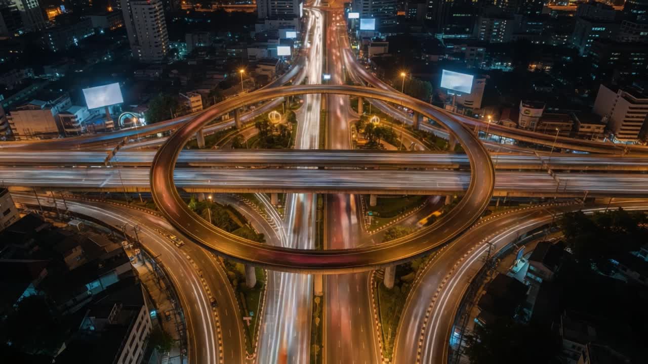 Vista aerea notturna di uno svincolo autostradale trafficato con scie luminose