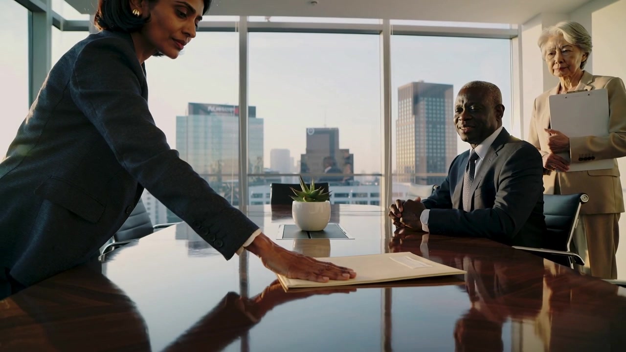 Leaning woman in dark blazer sliding manila folder across highrise table for review, man watching