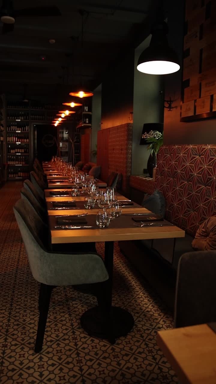 Restaurant interior with tables set for dining