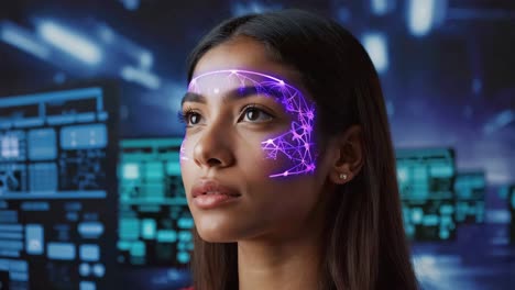woman undergoing futuristic face recognition scan