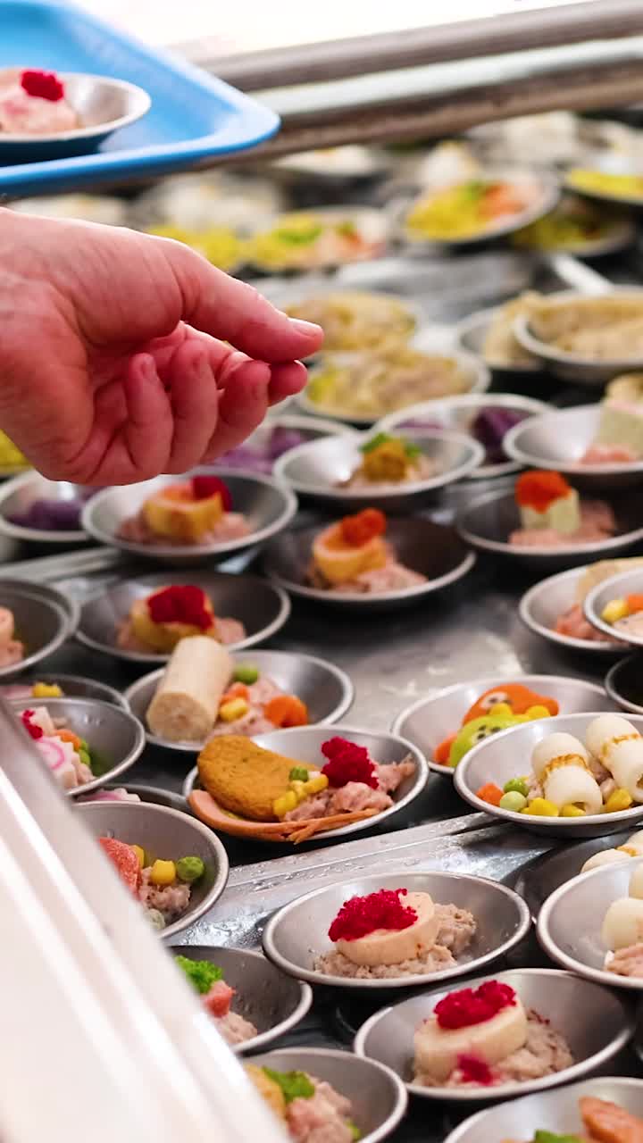 A person selects dim sum from a vibrant array at a Phuket market. Bright lighting enhances the colorful presentation