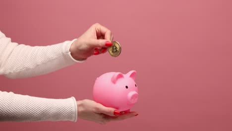 woman hand puuting coin into piggy bank, investment, saving money, currency, deposit.