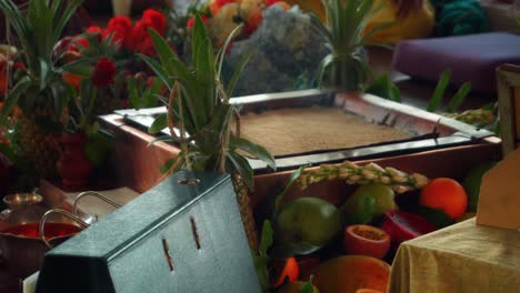 flowers and fruits for offering at the yagya fire ceremony hindu