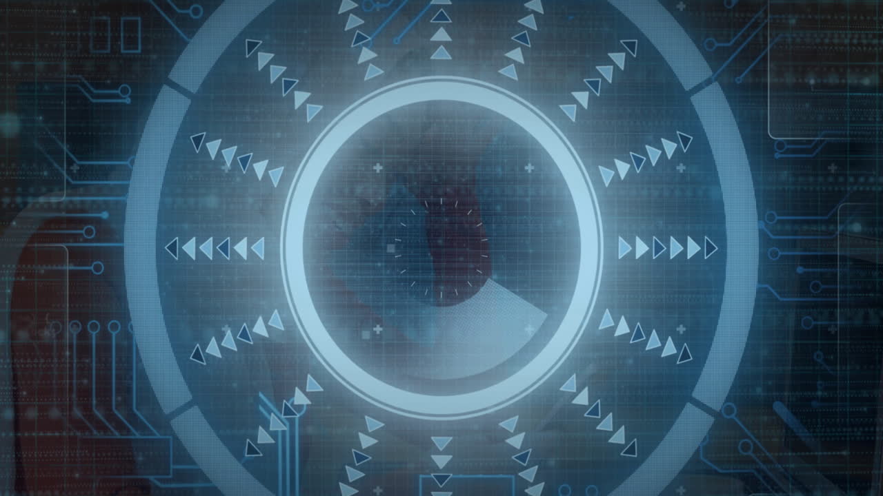 UI designer interacting with tech HUD interface, displaying segmented ring arcs and arrow markers