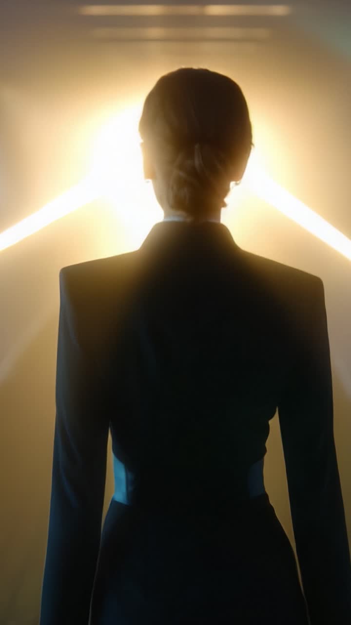 Una figura elegante sagomata contro uno sfondo di luce abbagliante, che emana mistero e intrigo in un'ambientazione cinematografica mozzafiato.