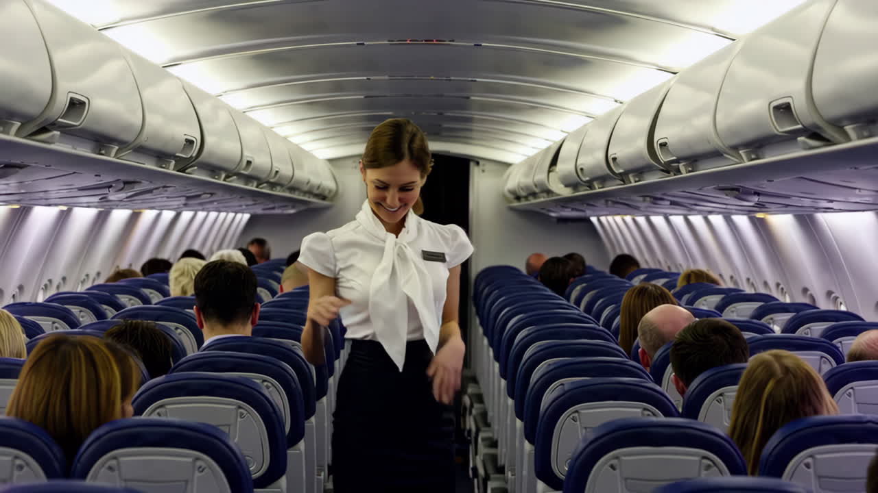 cabina del avión con azafata y pasajeros
