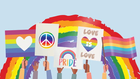 animation of lgbtq demonstration posters and rainbow flags over rainbow