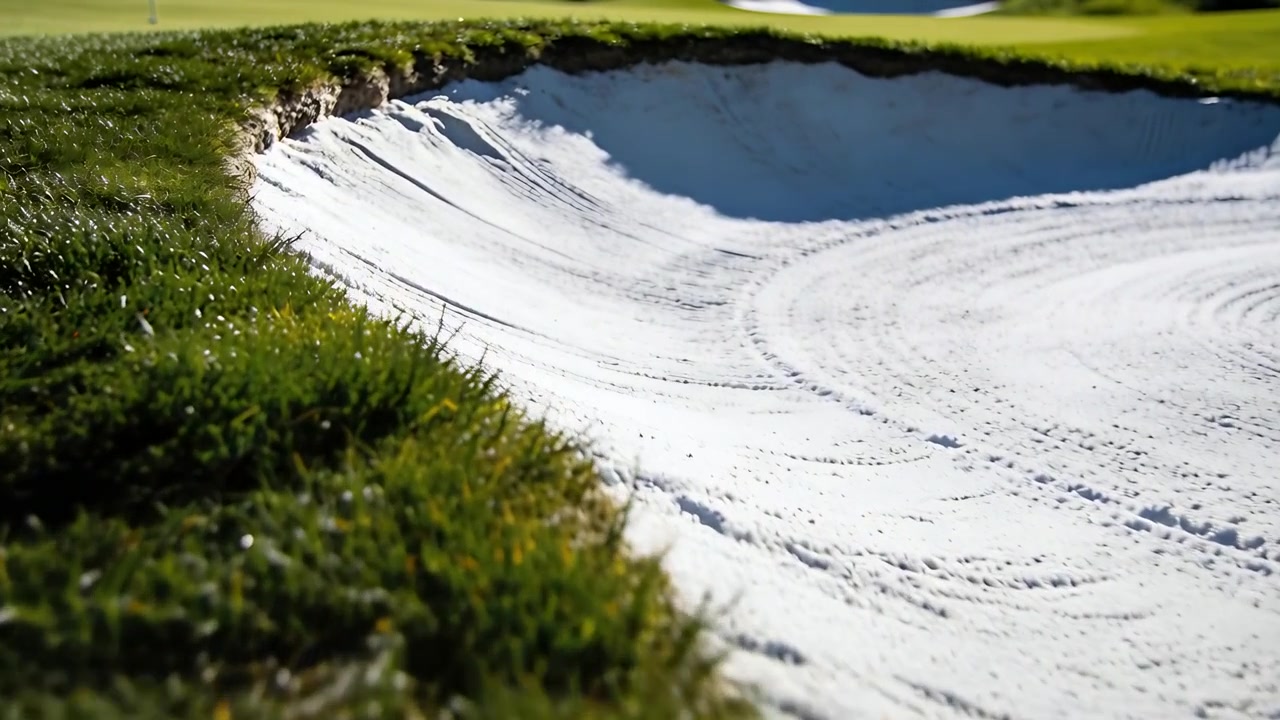 Pannerende camera onthult een zandbunker met geharkte patronen bij de golfgreen, waarbij de grasrand wordt benadrukt.