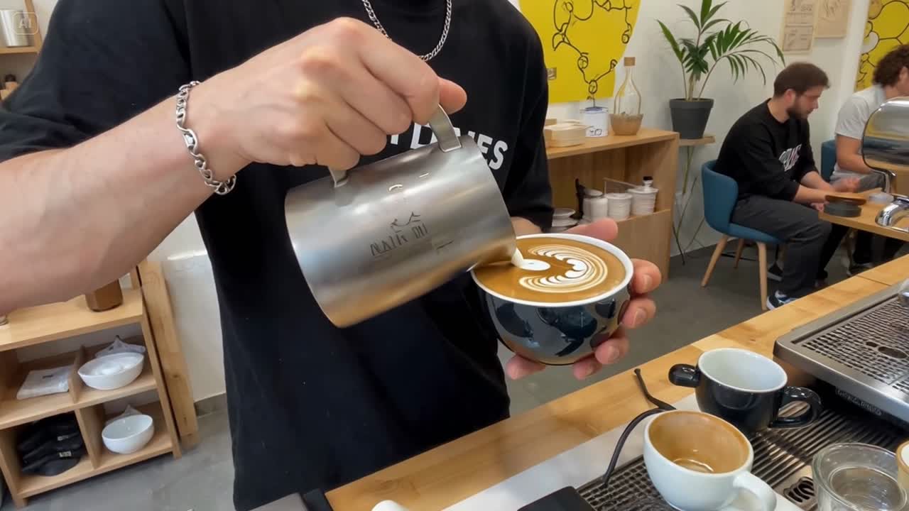 Barista che versa il latte creando latte art in caffetteria