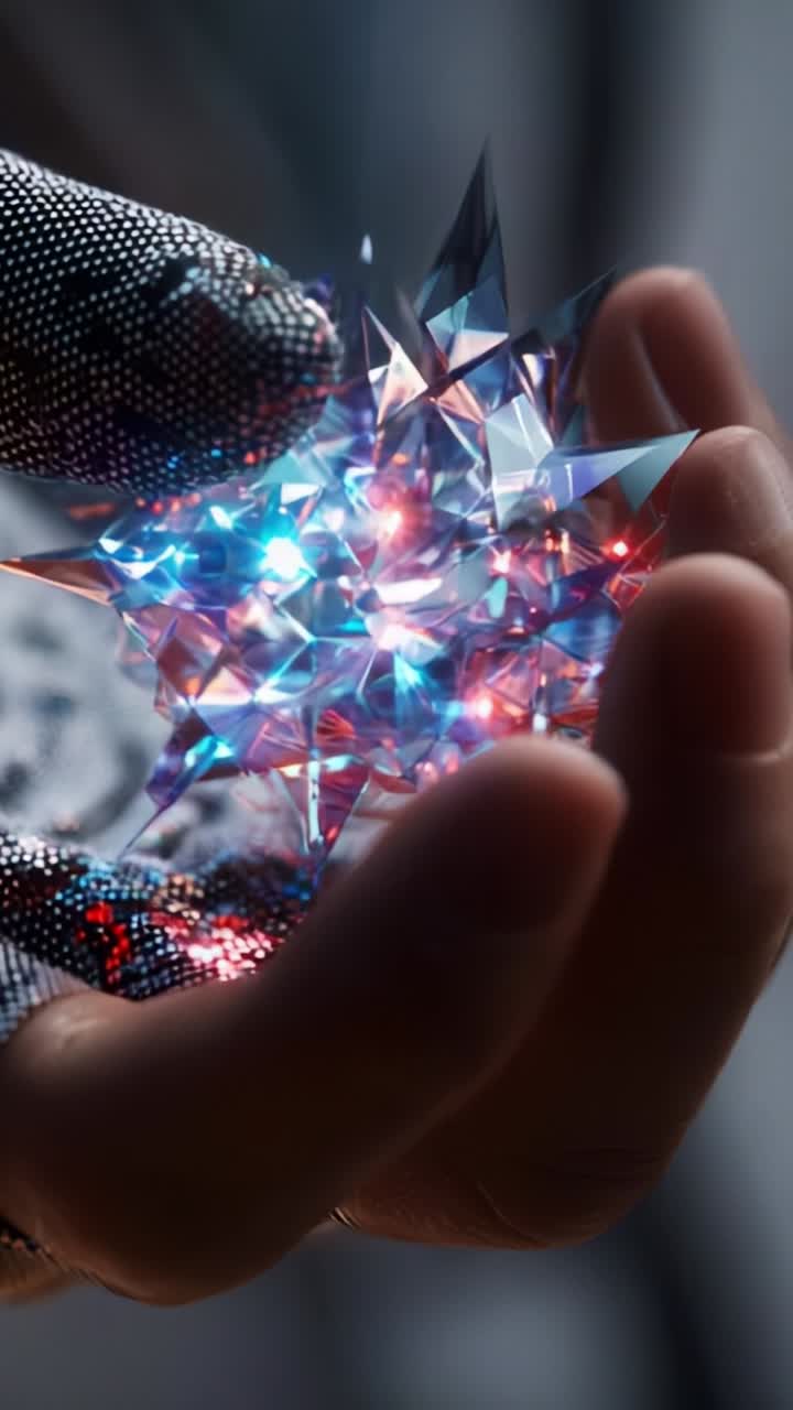 A hand gently holds a vibrant, spiky crystal-like structure emitting radiant blue and red lights, captivating viewers with its intricate design and luminescence