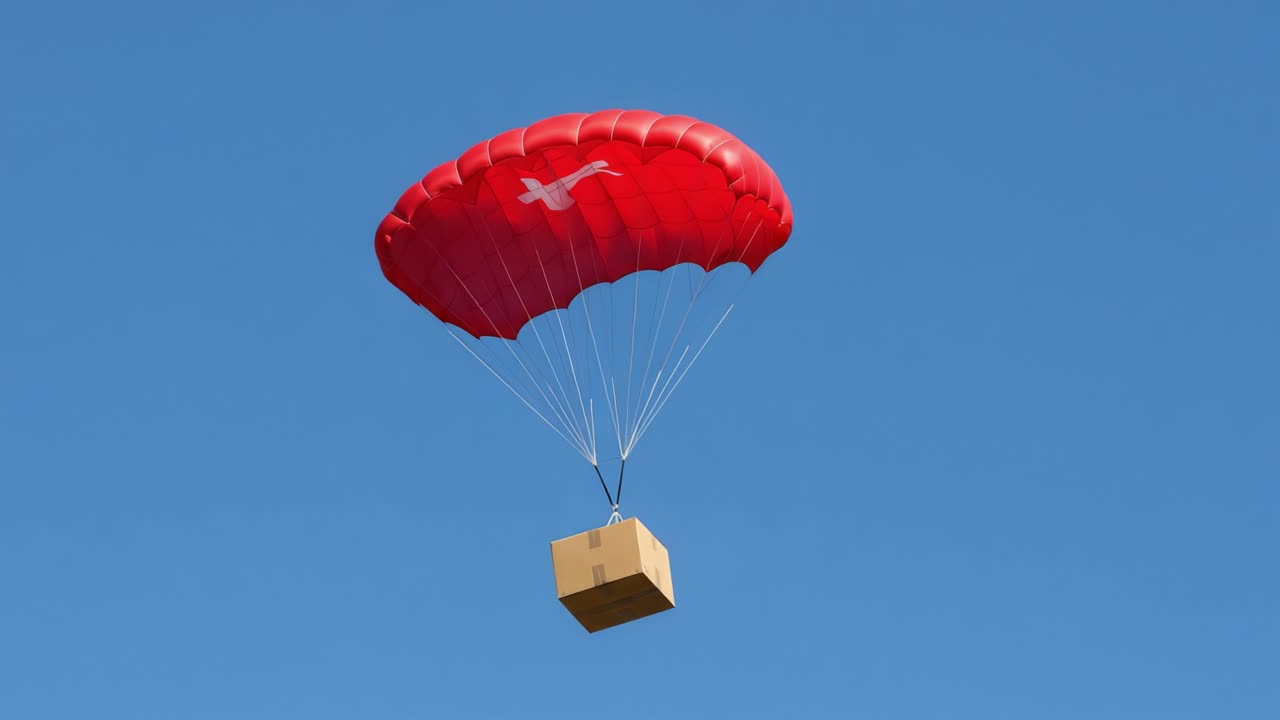 A Bright Red Parachute Gently Descending with a Box Amidst Clear Blue Skies, Showcasing a Unique Airborne Delivery System in Action