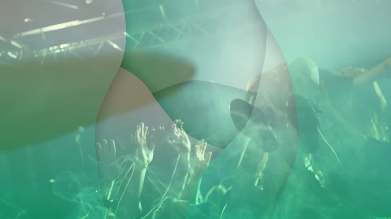 Female singer performing with green lights for music promo, animated sound bars pulsing over fans