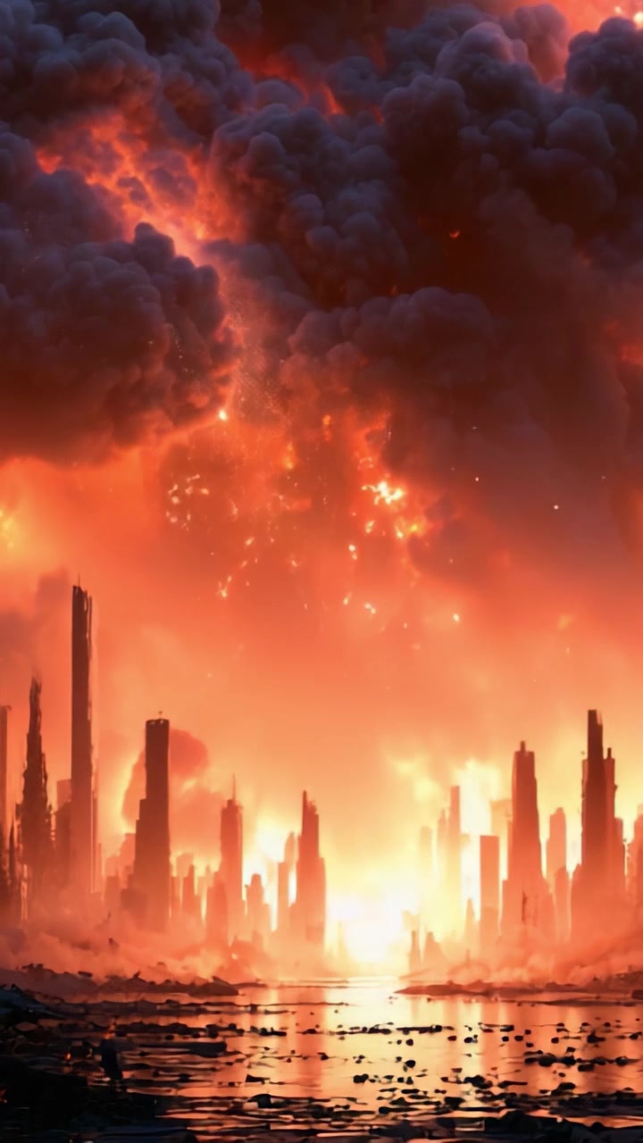 A Stunning Apocalyptic Landscape: Fiery Skies and Towering Ruins Illuminate a Desolate Cityscape in Dazzling Orange and Red Hues, Capturing Nature's Fury and Urban Decay