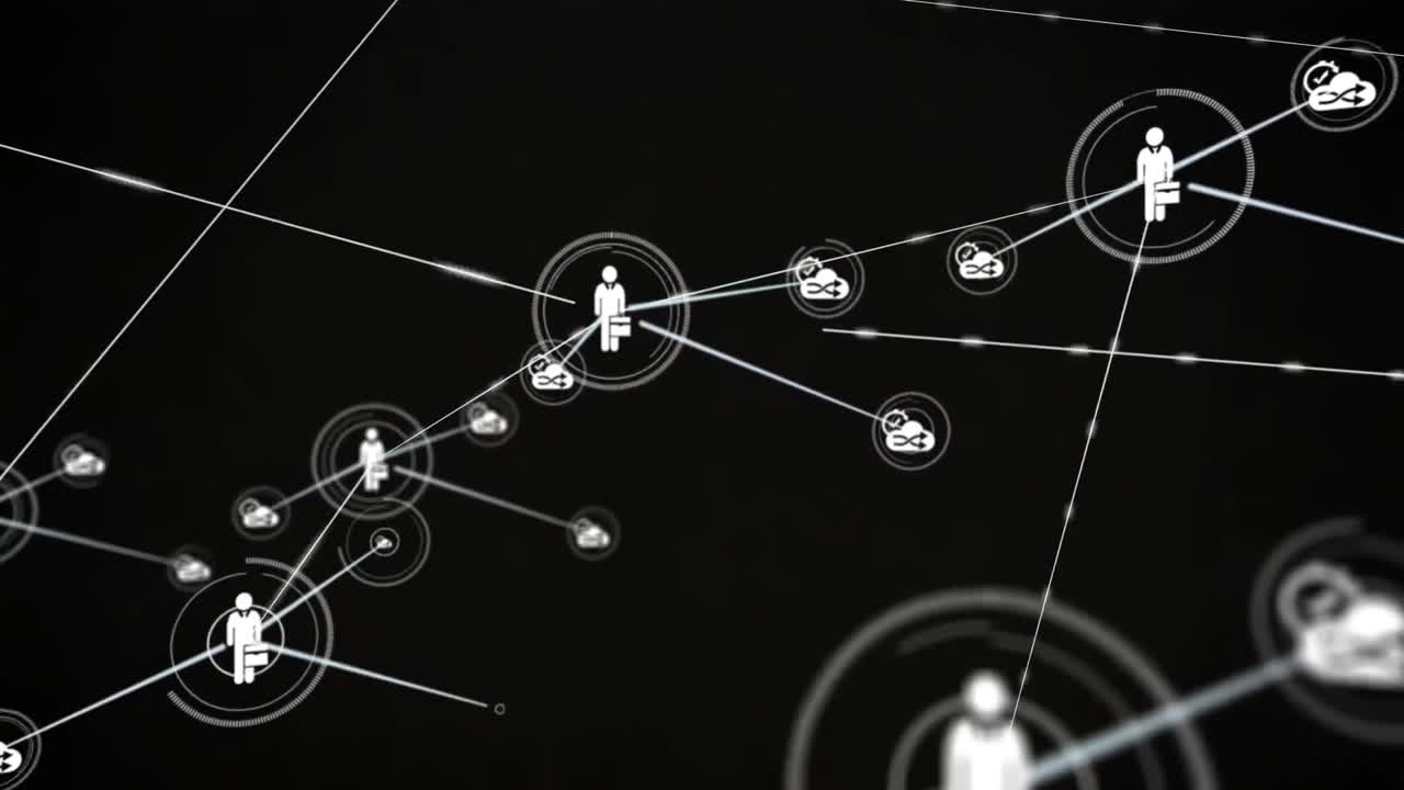 Animation of network of connections with people icons over black background
