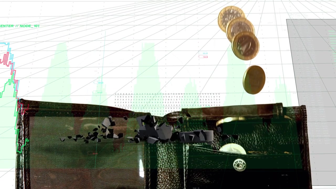 Símbolo de libra subiendo, monedas giratorias cayendo en una cartera, gráficos fluctuando, visualizando el flujo de entrada.