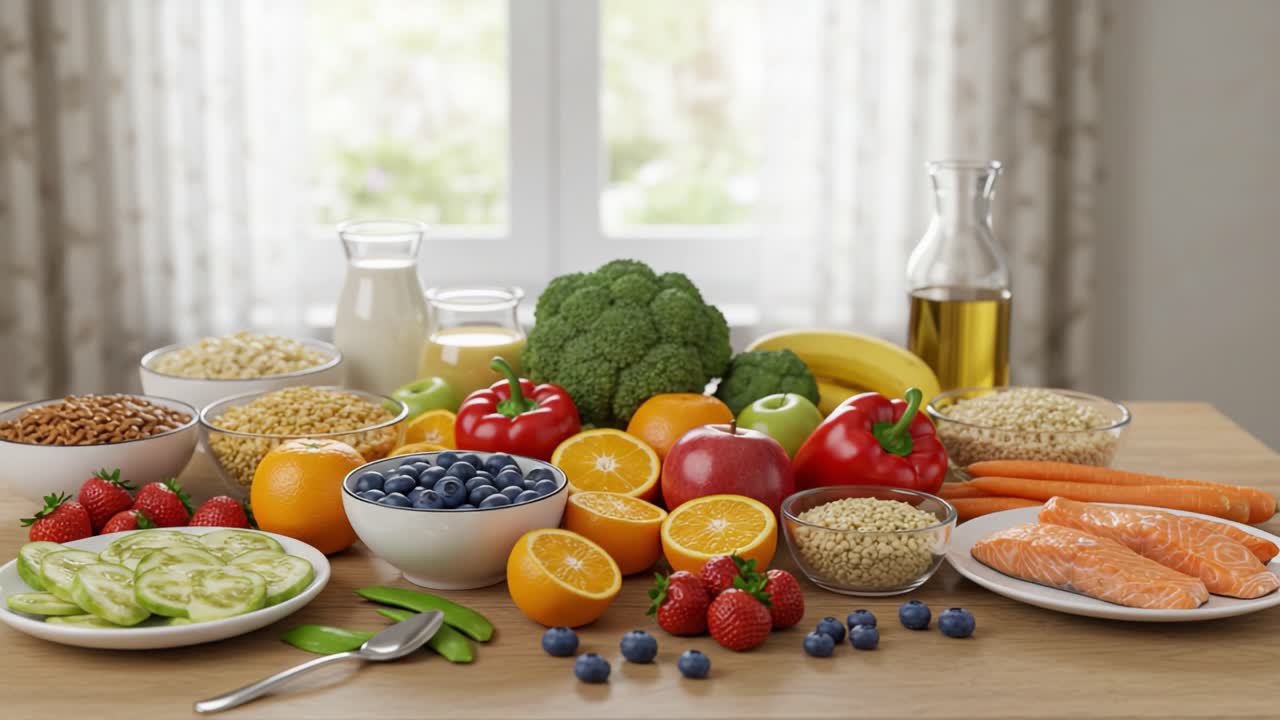 A Vibrant Display of Fresh Produce and Nutrient-Rich Foods Laid Out on a Wooden Table with Natural Light Streaming Through the Window