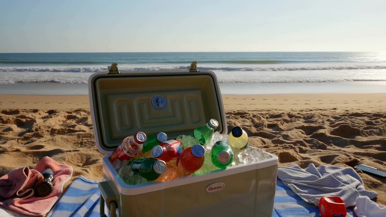 Beach cooler contents revealed, in beach, with cooler, bottles, with plastic, sand texture, from a first-person perspective perspective, with blue, green accents, and relaxed casual mood.
