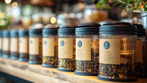 a row of tea jars on a shelf
