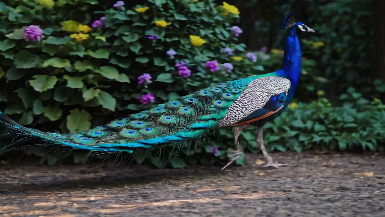 Um pavão vibrante desfila por um jardim, capturado em um ângulo lateral dinâmico, exibindo suas cores