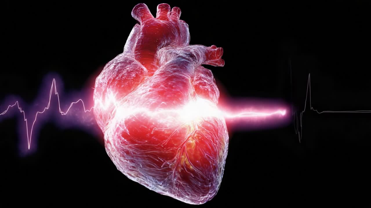 A Stunning Visualization of the Human Heart Pulsating, Surrounded by a Vital Heartbeat Waveform Representing Life and Emotion in a Dark Background