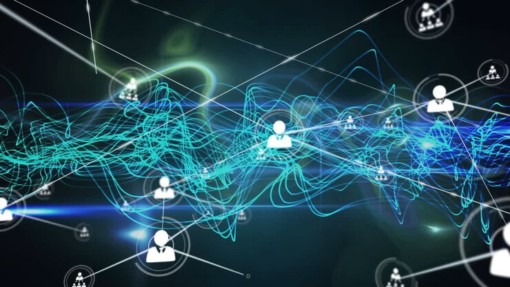 Animation of network of profile icons over blue digital wave and light trails on black background