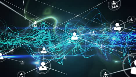 Animation of network of profile icons over blue digital wave and light trails on black background