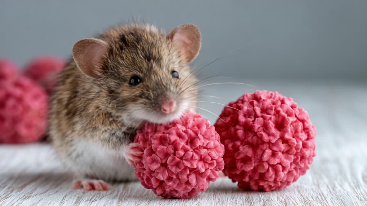 Adorable Mouse Interacting with Soft Pink Balls in Cozy Setting – A Close-Up Study of Mischievous Behavior and Playfulness