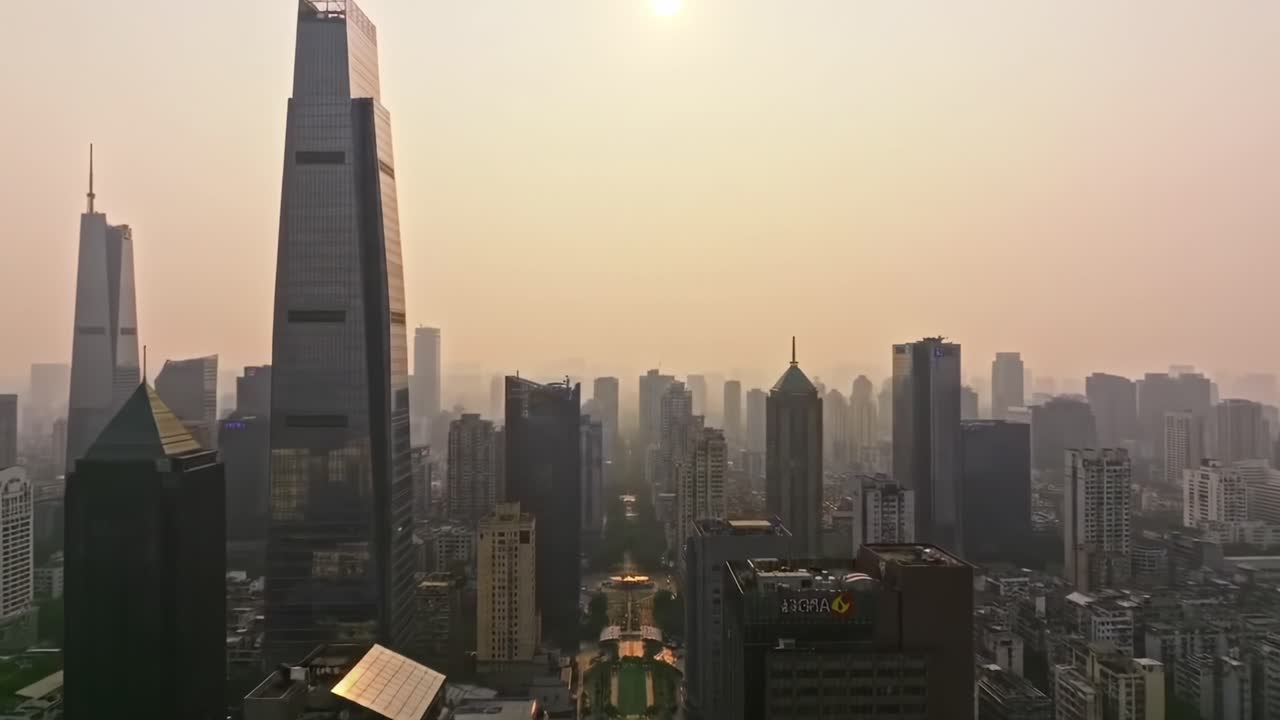 A Stunning Urban Skyline at Dusk: Capturing the Serene Transition from Day to Night in a Majestic Cityscape Filled with Skyscrapers and a Glimmering Sun