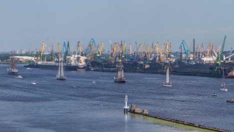 time lapse sailboat regata, industrial port background