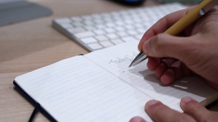 Close-up of a hand writing “Today’s Plan” with marketing and meeting notes in a notebook on a desk beside a computer keyboard, representing productivity, daily planning, and workplace organization