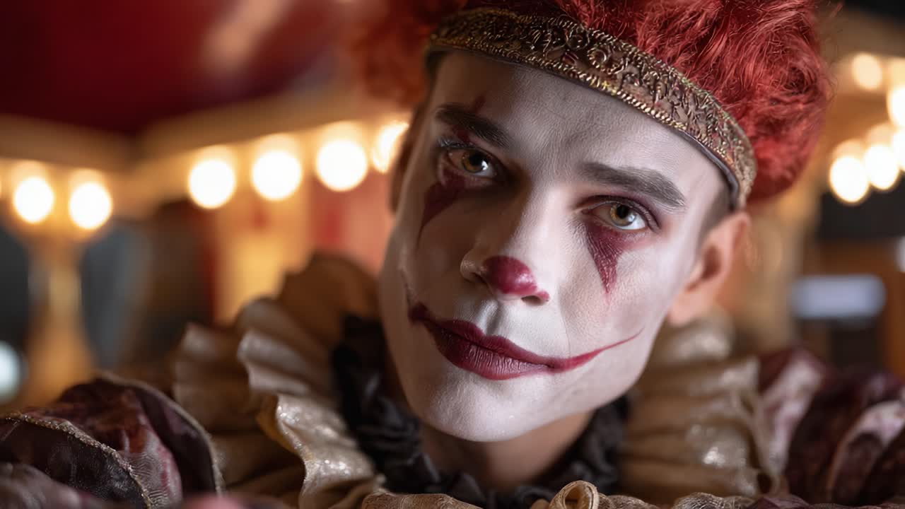 A Vibrant Clown with Red Hair and a Cheerful Smile Captured in a Colorful Circus Setting, Showcasing the Joy and Mystique of Circus Performers