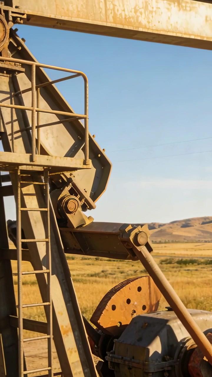 Vertical video: Turning gearbox sending pumpjack rocking at oil field, moving counterweight