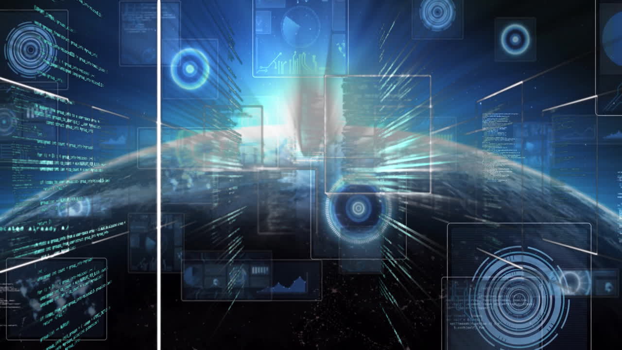 Animation of futuristic digital interface with data streams over cityscape