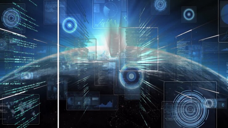 Animation of futuristic digital interface with data streams over cityscape