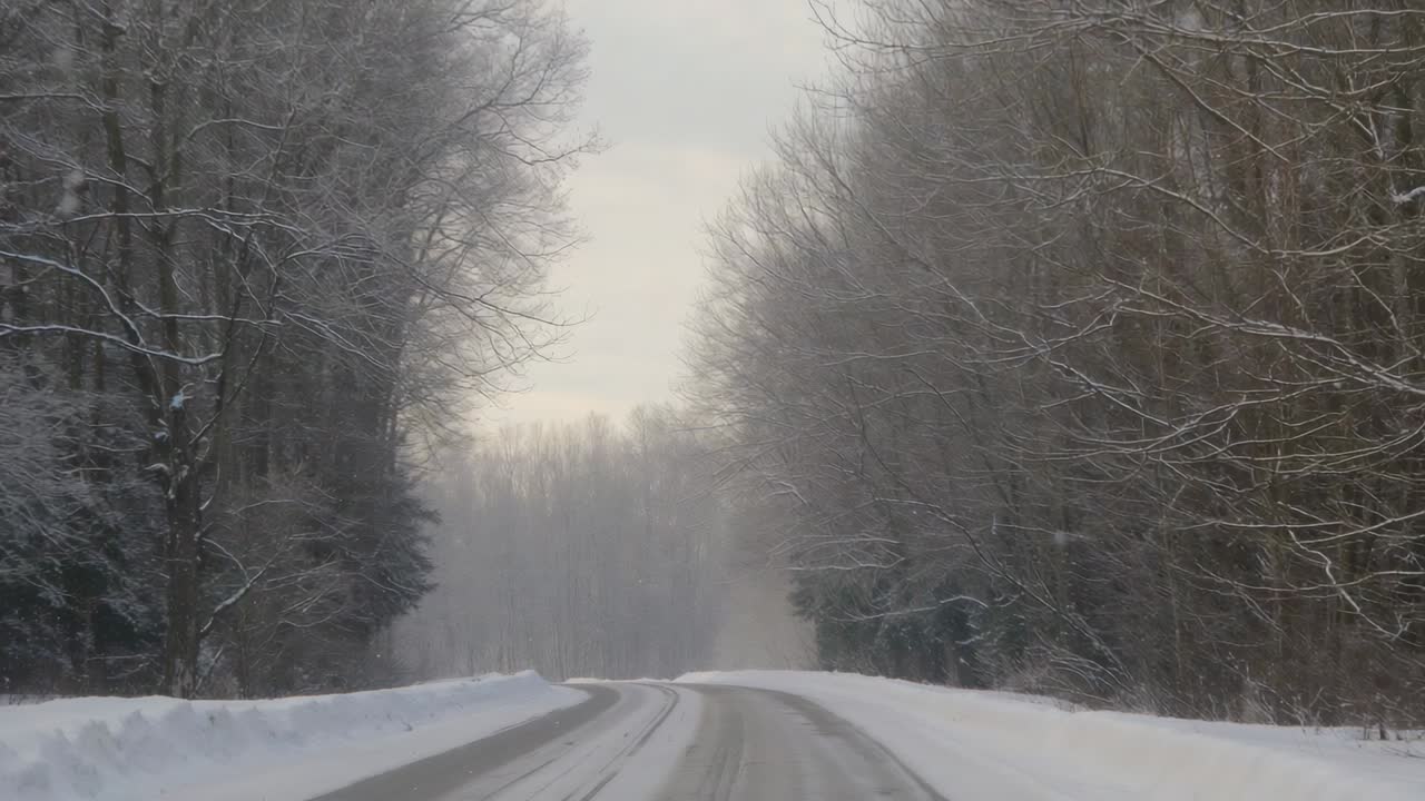 Moving camera advancing down snowy country road flanked by bare trees, revealing misty curve ahead