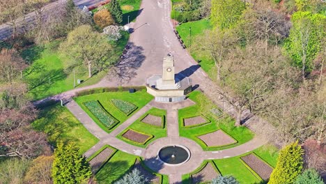 straight down aerial of intersecting park trails, trees, and manicured grass spaces rotherham clifton park war memorial