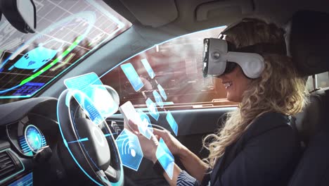 Animation-of-digital-interface-over-woman-wearing-vr-headset-in-self-driving-car