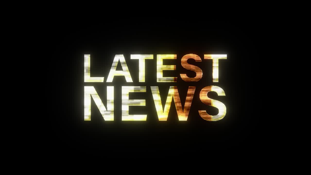 LATEST NEWS text word gold light animation loop with glitch text effect. 4K 3D seamless looping Latest News effect element for News headline title. Old Gaming Console Style rendering background.