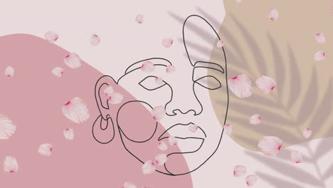 animation of black outlined face with petals floating on pink and beige background