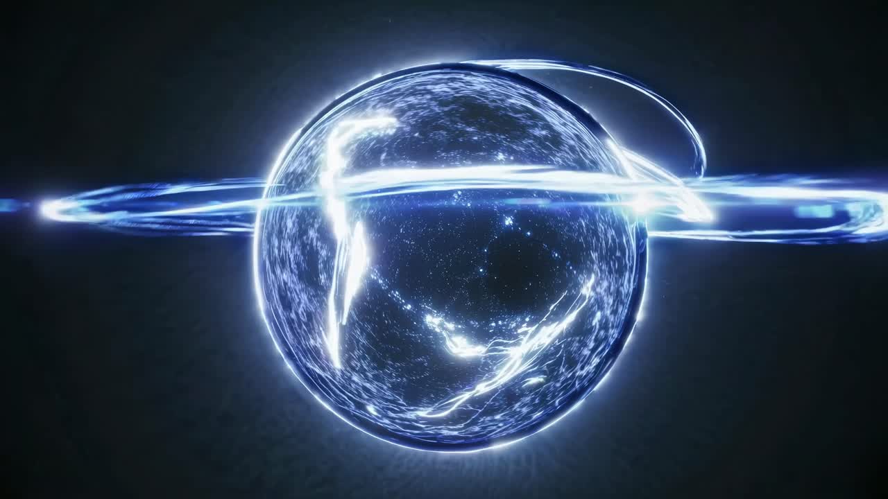 Futuristic video concept with a glowing orb surrounded by dynamic particles