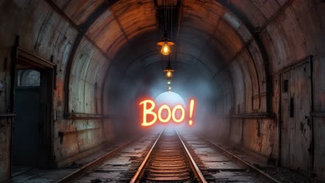 Mysterious tunnel scene with glowing text &#039;Boo!&#039; creating an eerie atmosphere and suspense