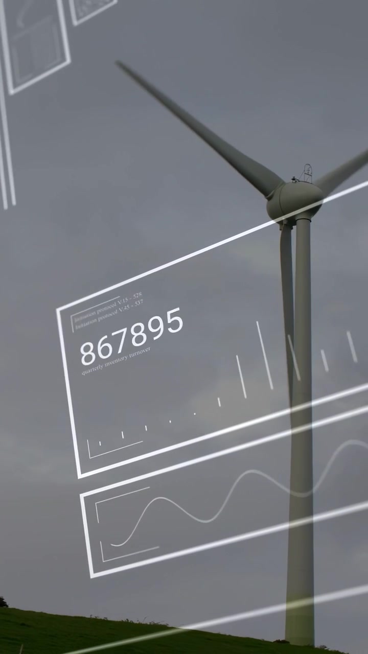Vertical video: HUD panels sliding, revealing wind turbine rotating and updating live telemetry