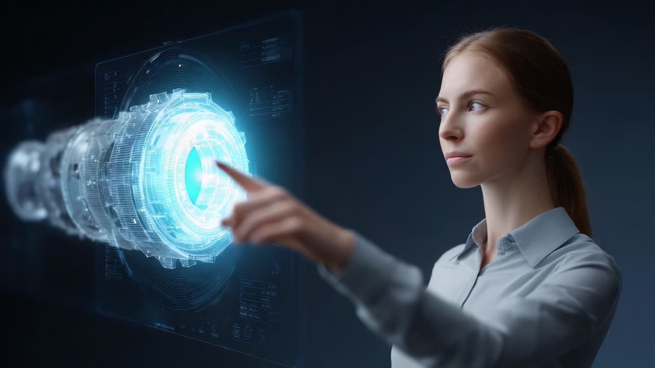 A woman interacts with a futuristic holographic device, showcasing advanced technology and digital innovation in a sleek, dark environment