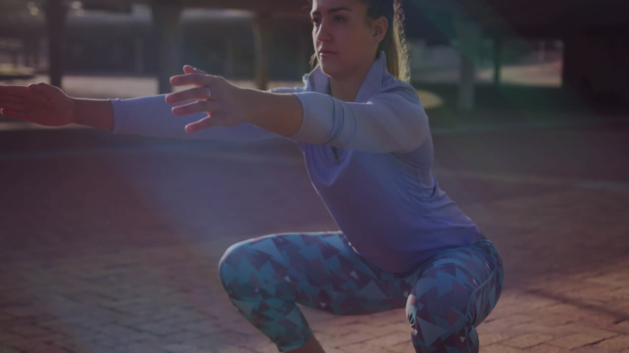 Woman doing fitness squats shifting weight on brick plaza, animated depth line tracking knees