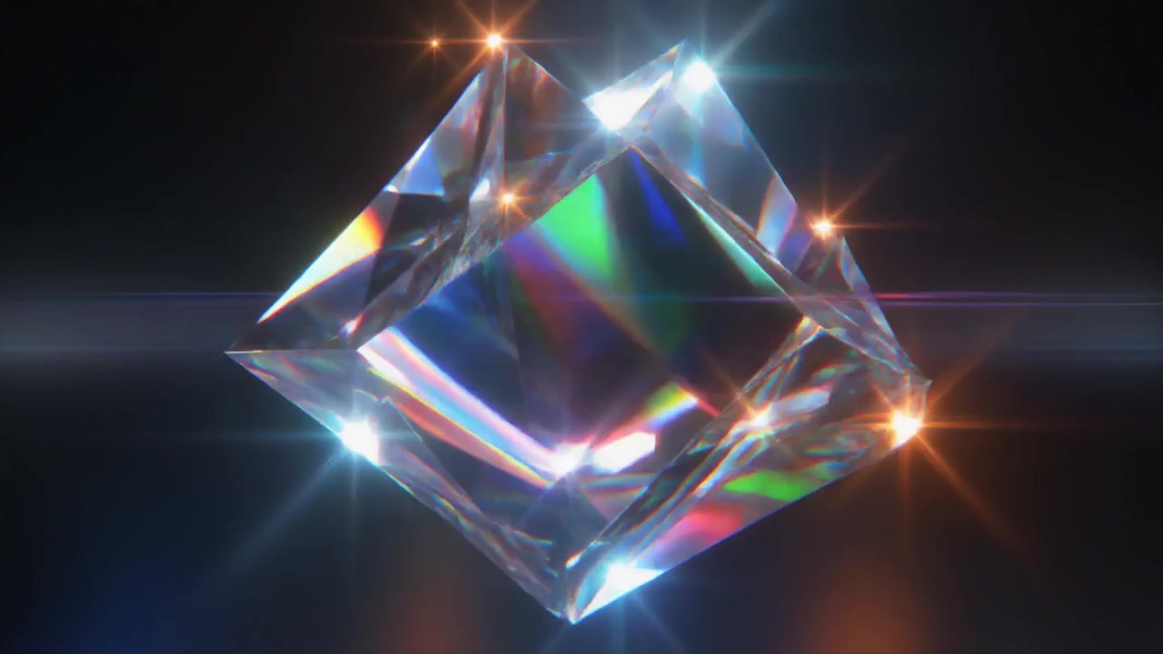 Cristallo di diamante rotante con rifrazioni di luce prismatiche