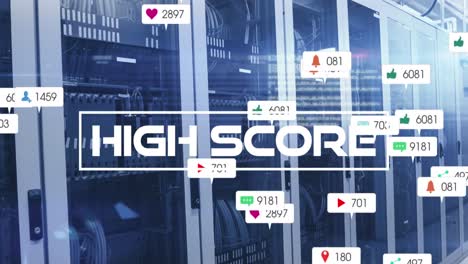 Animation-Von-Highscore-Text-Und-Zahlen,-Die-über-Dem-Serverraum-Wachsen