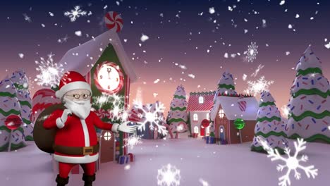 Stars-and-snow-falling-over-Santa-Claus-on-winter-landscape